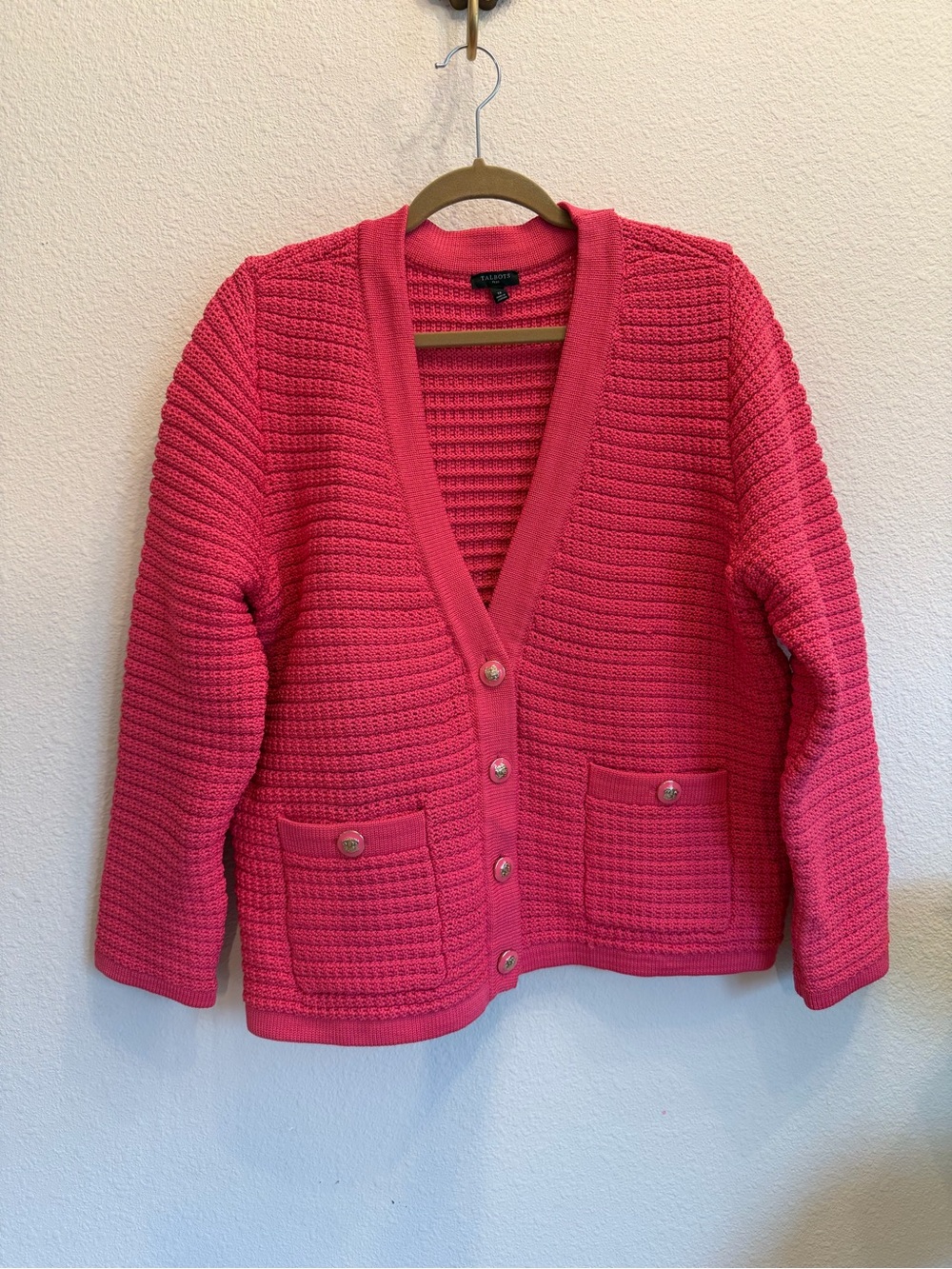 Talbots Kate Cardigan Sweater 1X Hot Pink Textured Knit Button